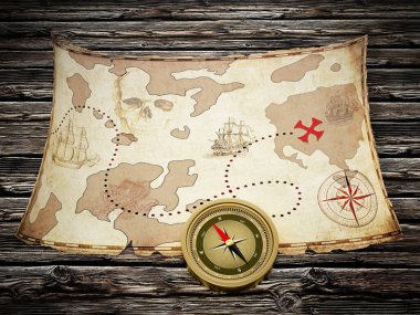 Hazine haritası ve eski ahşap masanın üzerinde duran klasik pusula. 3B illüstrasyon.