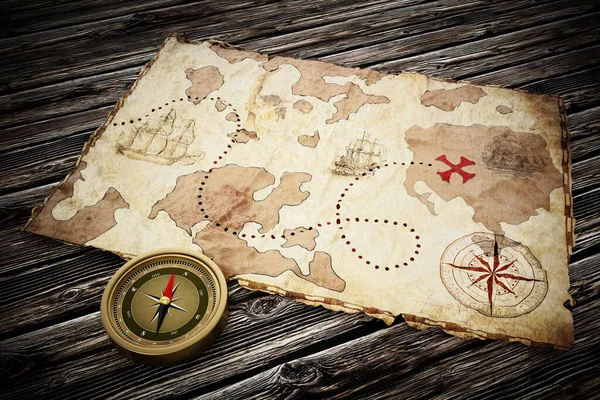 Treasure map and vintage compass standing on old wood table. 3D illustration.