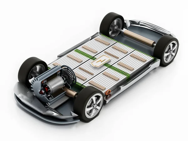 電気エンジンとバッテリーと架空の電気自動車のシャーシ 3Dイラスト — ストック写真