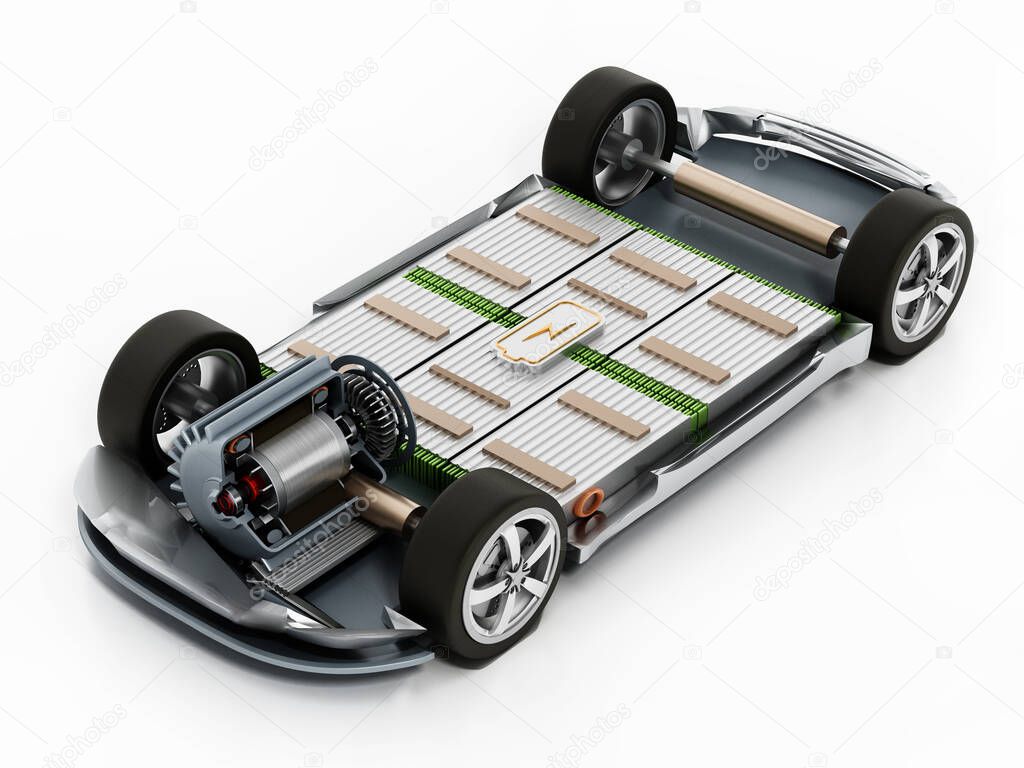 Fictitious electric car chassis with electric engine and batteries. 3D illustration.