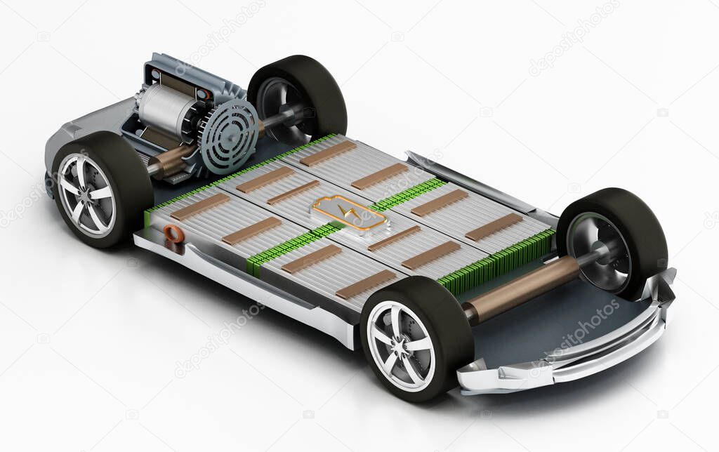Fictitious electric car chassis with electric engine and batteries. 3D illustration.