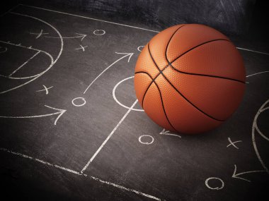 Basketbol strateji tahtasının üzerinde duruyor. 3B illüstrasyon.