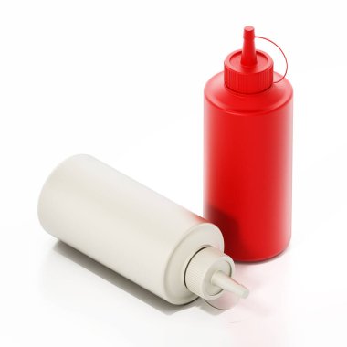 Beyaz arka planda izole edilmiş ketçap ve mayonez şişeleri. 3B illüstrasyon.