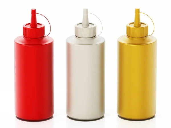 Ketchup Mayonnaise Und Senfflaschen Isoliert Auf Weißem Hintergrund Illustration — Stockfoto