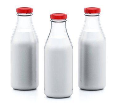 Beyaz arka planda izole edilmiş süt şişeleri. 3B illüstrasyon.