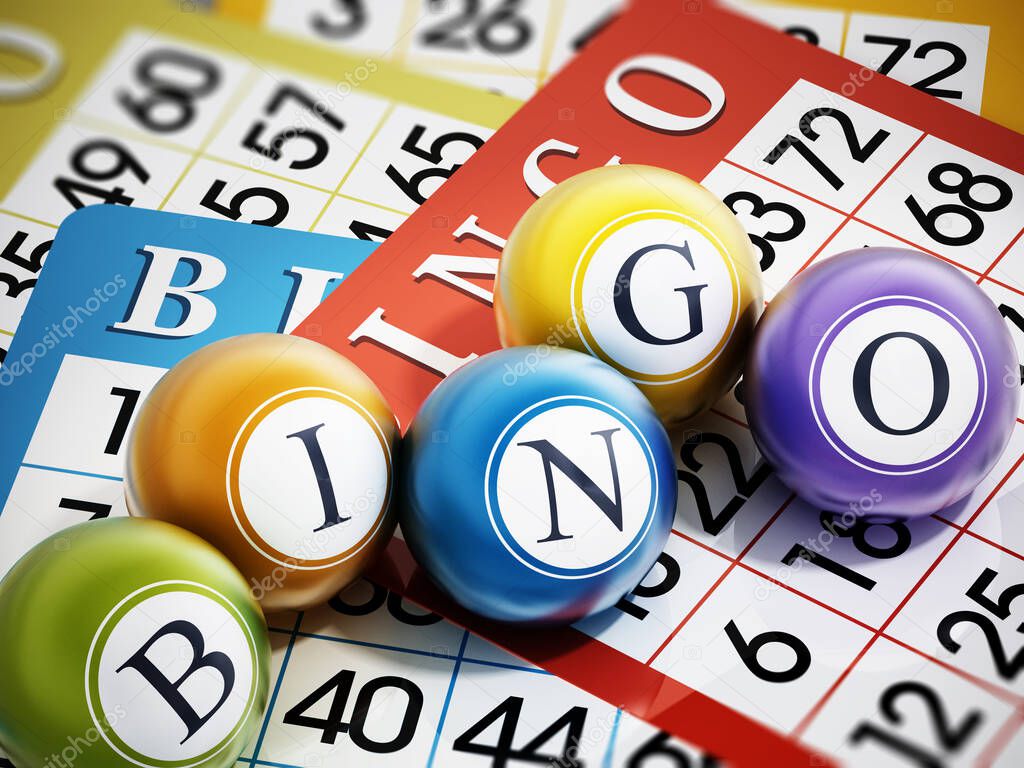 BINGO game cards and balls forming bingo word. 3D illustration.