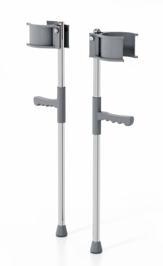 Beyaz arka planda izole edilmiş bir çift koltuk değneği. 3B illüstrasyon.