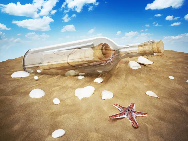 Wiadomość Butelce Stojącej Plaży Ilustracja — Zdjęcie stockowe