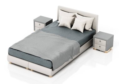 Beyaz arka planda izole edilmiş rahat bir yatak. 3B illüstrasyon.