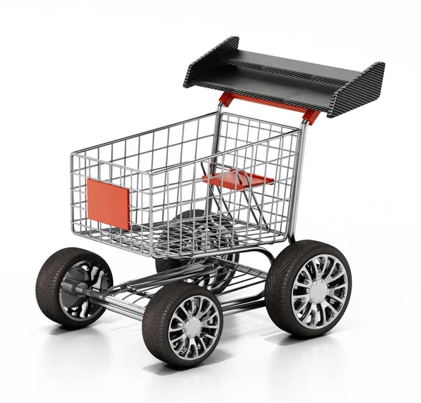 有跑车轮胎和搅拌机的购物车3D插图 — 图库照片