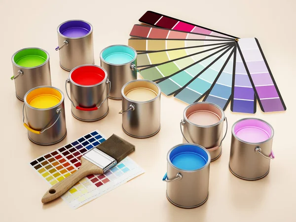 油漆罐 色标和漆刷 3D插图 — 图库照片