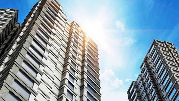 Modern binalar mavi gökyüzüne karşı. 3B illüstrasyon.