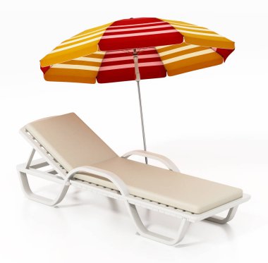 Beyaz arka planda güneşli yatak ve şemsiye. 3B illüstrasyon.