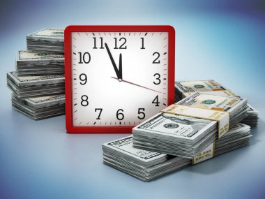 Alarm saati ve dolar banknotları mavi arka planda izole edilmiş. 3B illüstrasyon.