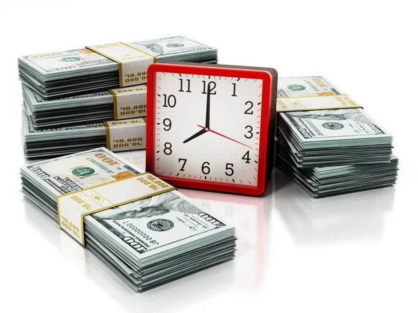 Reloj Despertador Billetes Dólar Aislados Sobre Fondo Blanco Ilustración —  Fotos de Stock
