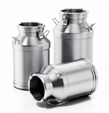 Metal retro süt kutuları beyaz arka planda izole edilmiş. 3B illüstrasyon.