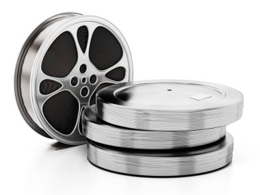 Metal konteynırın içindeki film makaraları. 3B illüstrasyon.