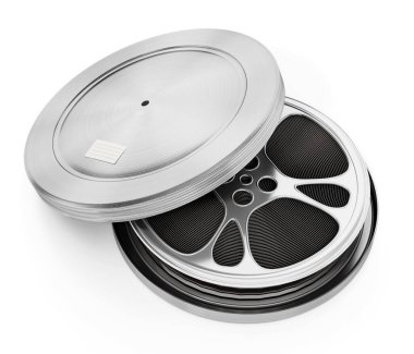 Film makarası metal kutunun içinde. 3B illüstrasyon.