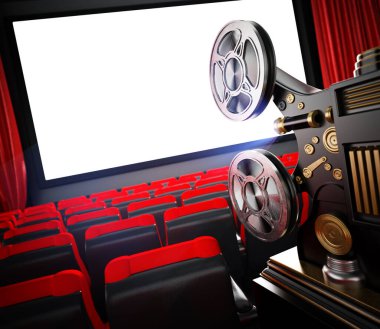 Sinema salonundaki klasik sinema projektörü. 3B illüstrasyon.