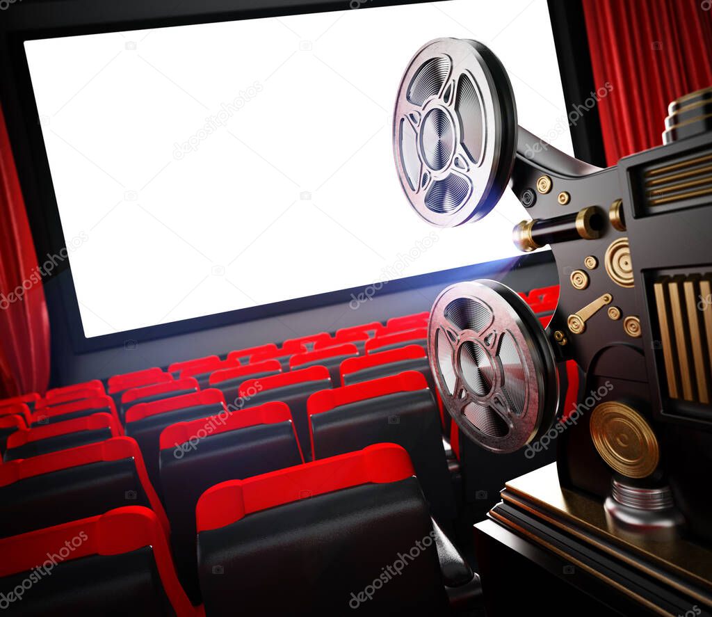 Vintage cinema projector in cinema theater. 3D illustration.