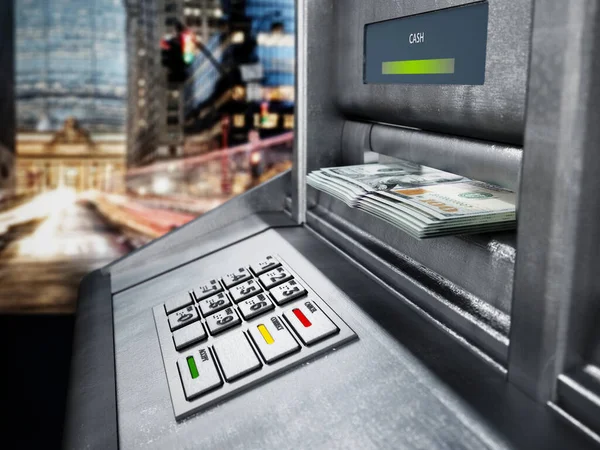 Automatic teller machine ATM with dollar bankroll. 3D illustration,