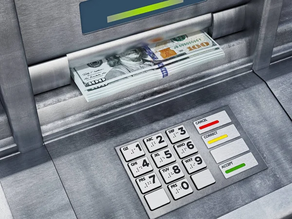 Automatic teller machine ATM with dollar bankroll. 3D illustration,