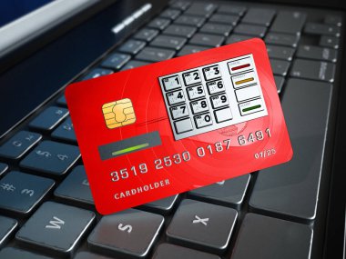 Klavyenin üzerinde ATM 'nin tuş takımı olan hayali bir kredi kartı. 3B illüstrasyon.