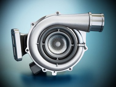 Mavi arka planda genel turbo izole edilmiş. 3B illüstrasyon.
