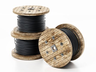 Beyaz arka planda izole edilmiş büyük kablo makaraları. 3B illüstrasyon.