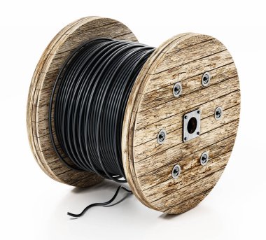 Beyaz arka planda izole edilmiş büyük kablo makaraları. 3B illüstrasyon.