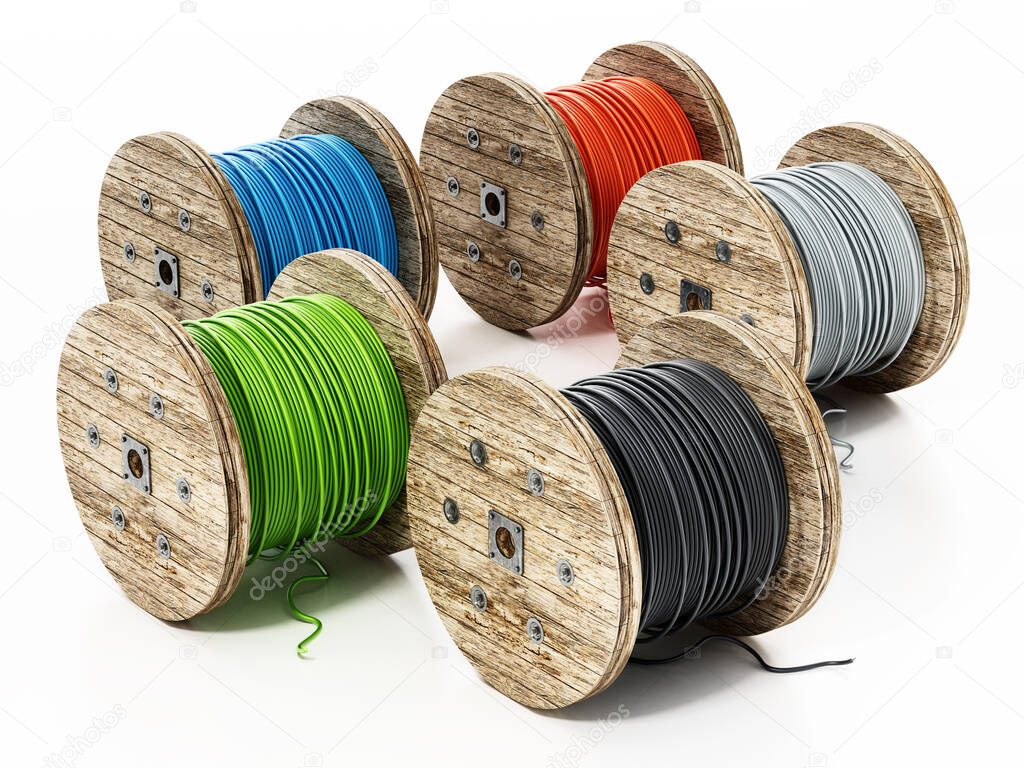 Large spools of colored cables isolated on white background. 3D illustration.