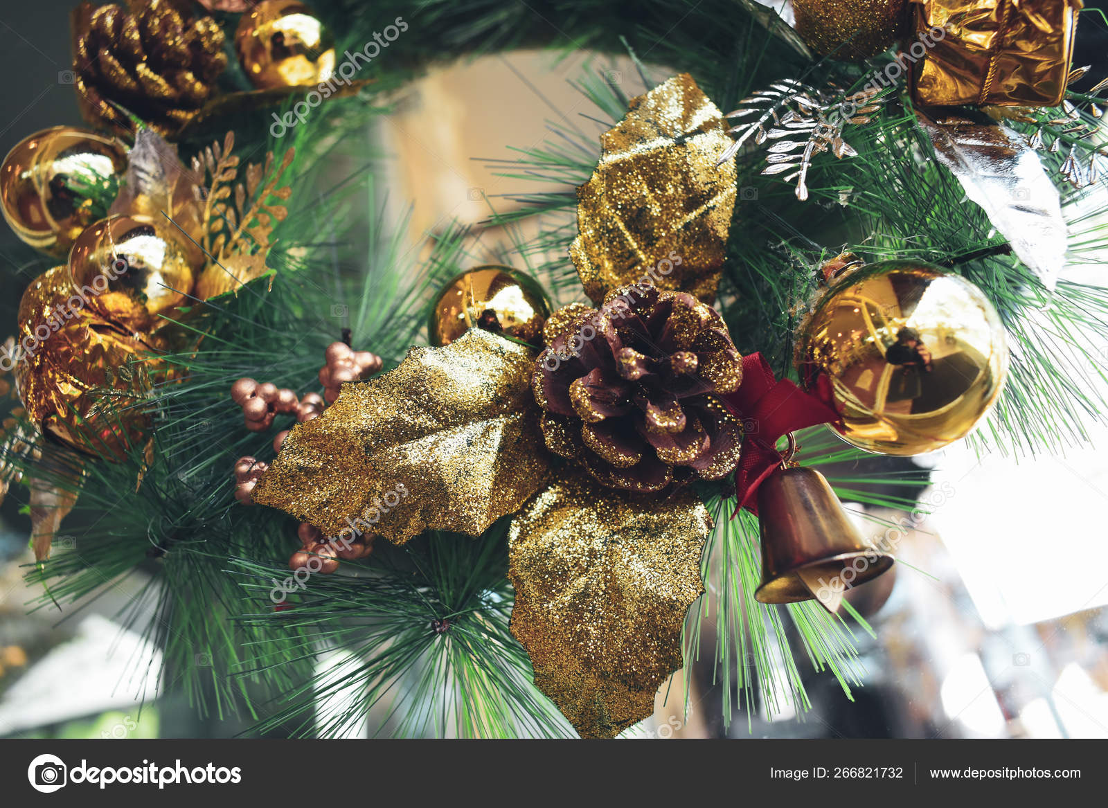 Christmas Wreath Hanging On Front Door Stock Photo