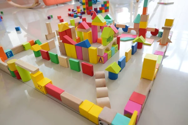 Construction Blocs Jouets Bois Ville Pour Activité Jeu Pour Enfants — Photo