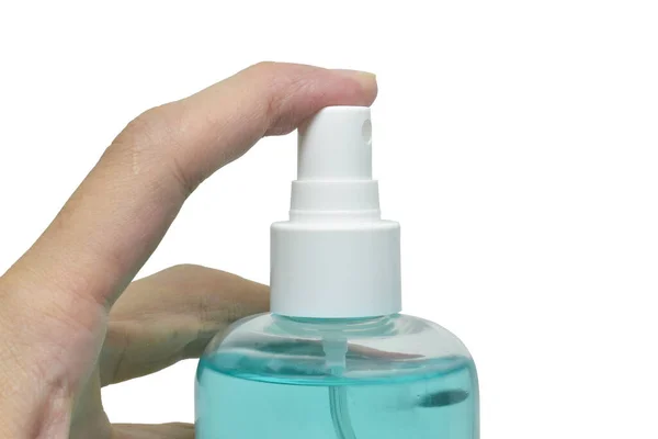 Bottiglia Alcool Spray Pressa Mano Umana Immagine Isolata Sfondo Bianco — Foto Stock
