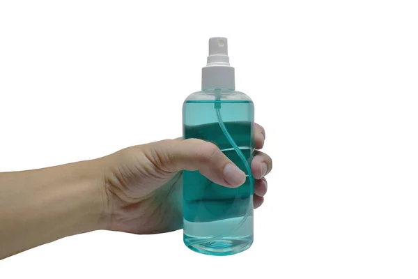 Mano Umana Possesso Bottiglia Alcool Spray Isolato Sfondo Bianco — Foto Stock