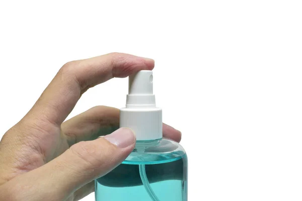 Mão Humana Pressione Frasco Spray Álcool Imagem Isolada Fundo Branco — Fotografia de Stock