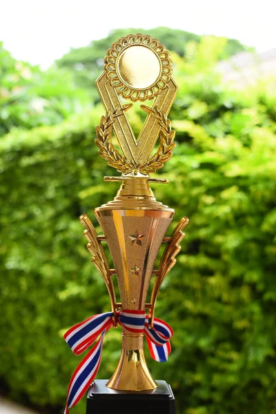Yeşil ağaç zemininde Tayland ve kurdeleli güzel altın kupa