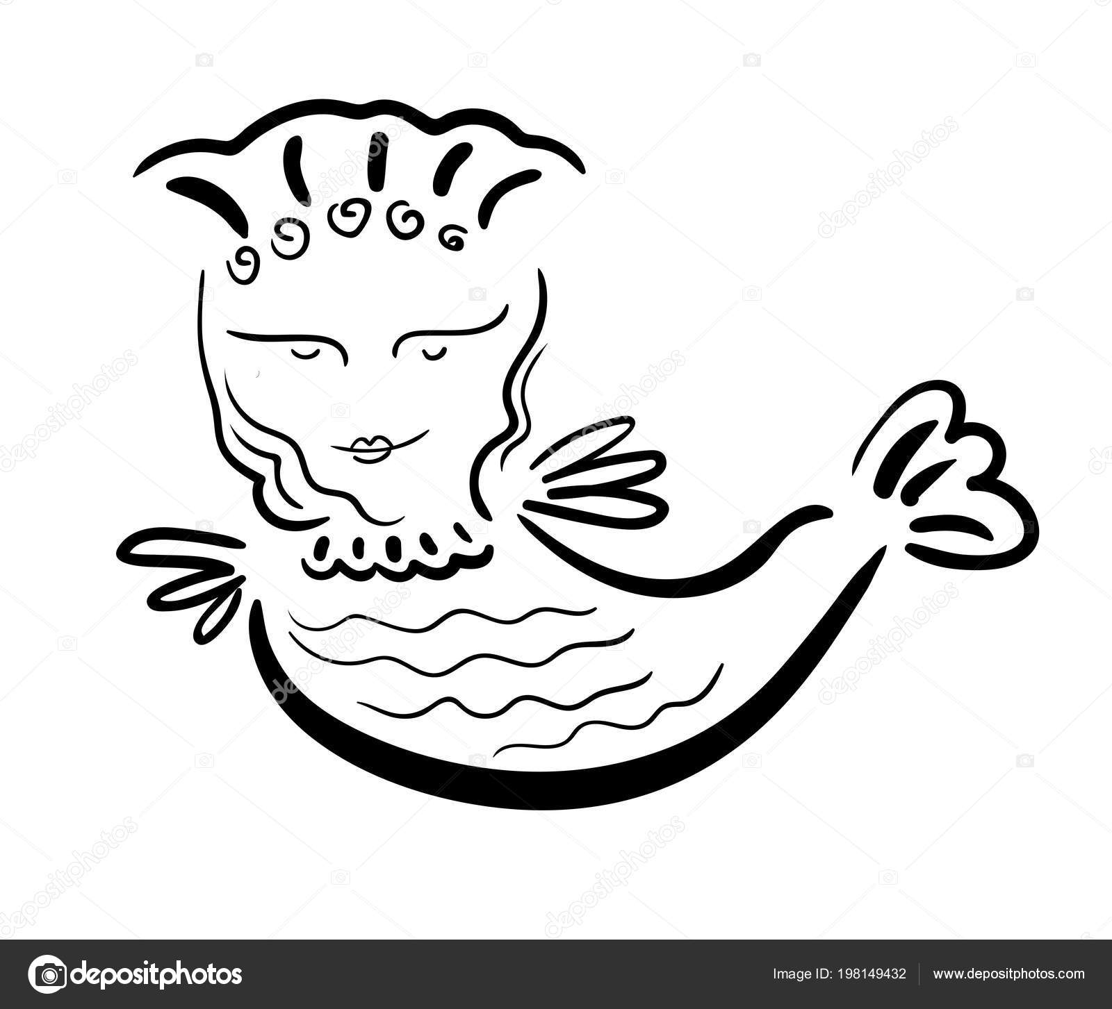 Mythological Sirin Oiseau Femme Oiseau Contour Noir Sur Fond