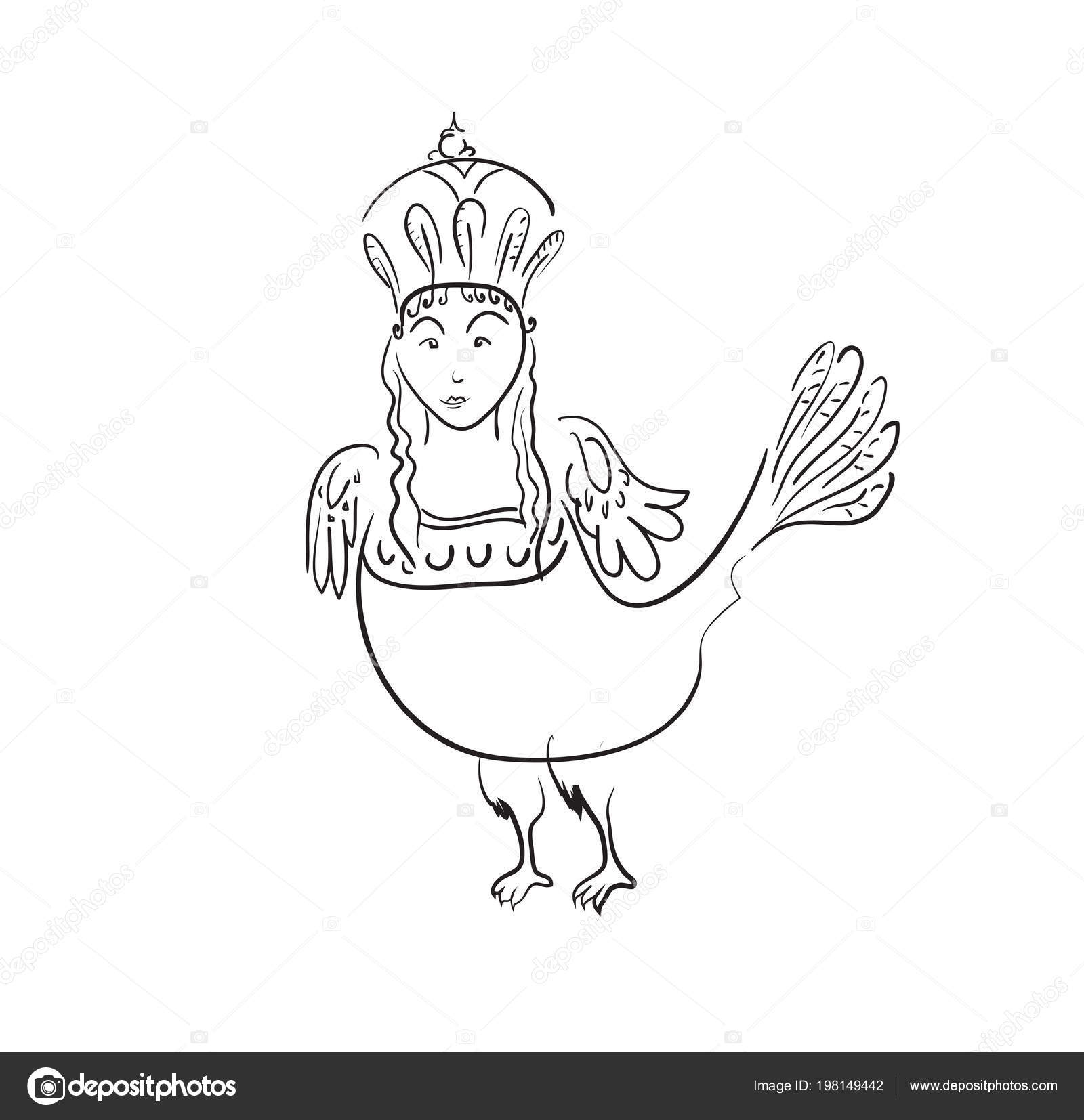 Mythological Sirin Oiseau Femme Oiseau Contour Noir Sur Fond