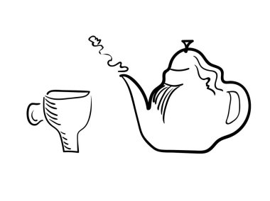 Beyaz bir arka plan üzerinde çay fincanı ve bira çaydanlık. Stilize vektör.