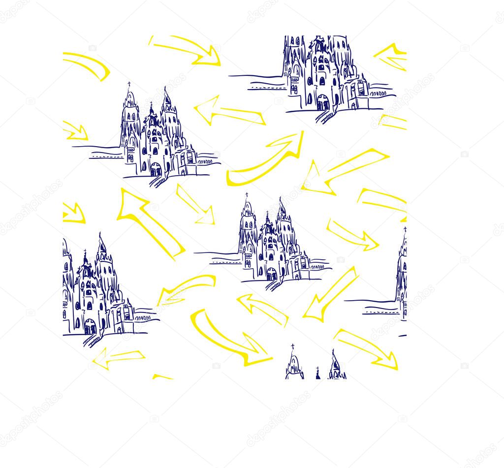 Seamless with cathedral Santiago de Compostela with yellow arrows