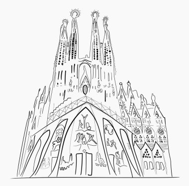 Barcelona Sagrada Familia illüstrasyonu. El çizimi taslağı