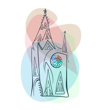 Şeffaf narin bir arkaplanda renkli vitray penceresi olan çizgi biçimli minimalist gotik katedral.