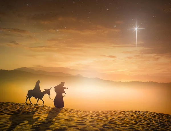 Nativity Scene Concept Silhouette Pregnant Mary Joseph Donkey Star Cross — Stock Photo, Image