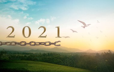 Yeni Yıl 2021 kavramı: Metin 2021 Dağda gündoğumu arka planında uçan kuş ve kırılan zincirlerle