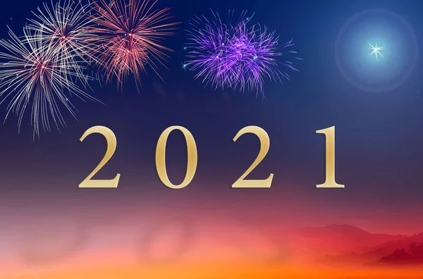 Texto Para 2021 Sobre Fogos Artifício Fundo Noite — Fotografia de Stock