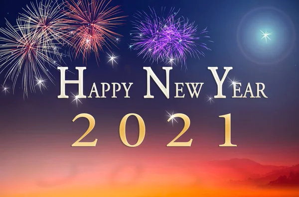 Tekst Voor Gelukkig Nieuwjaar 2021 Vuurwerk Nachtelijke Achtergrond — Stockfoto