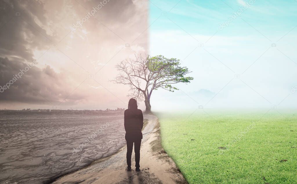 International human rights day concept: Business woman standing between climate worsened with good atmosphere