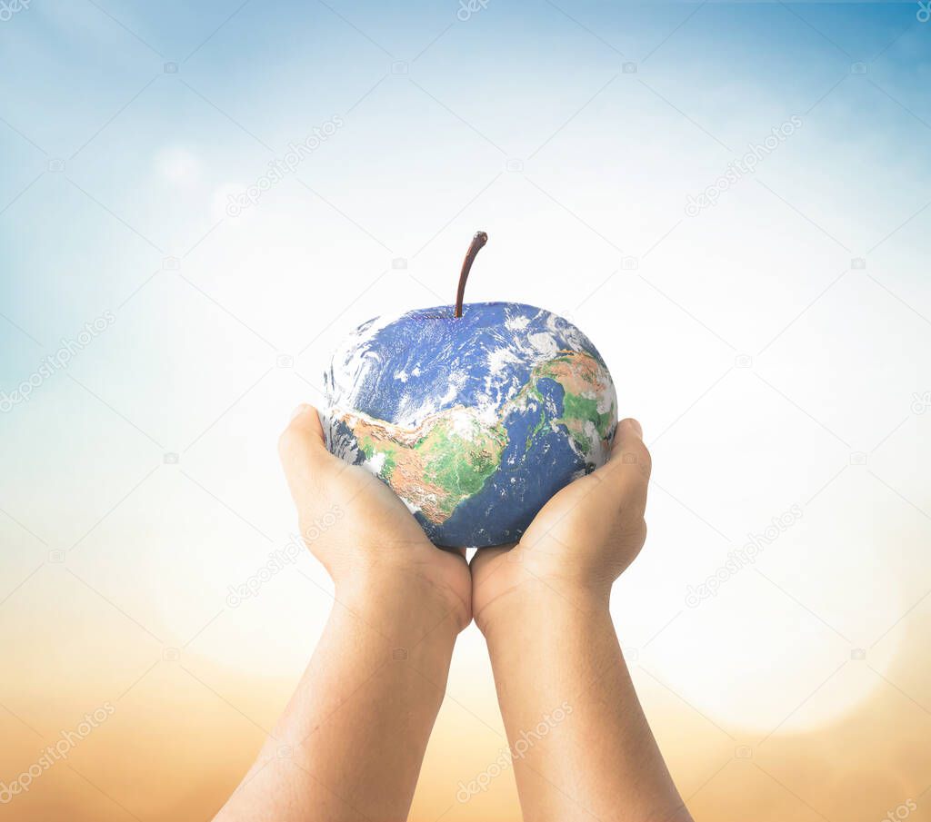 World food day concept: Human hands holding apple fruit of earth globe over blurred nature background. Elements of this image furnished by NASA