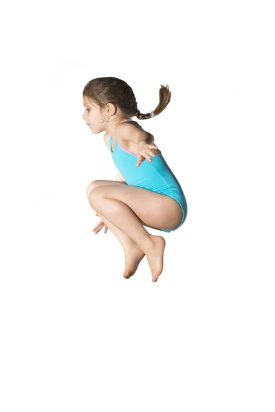 Little Caucasian Female Years Old Girl Cyan Swimming Costume Jumping — Stock Photo, Image
